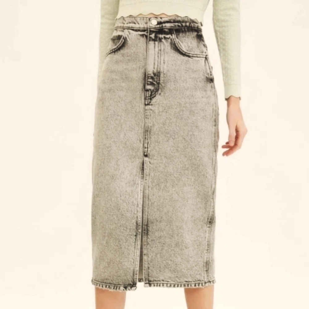 Zara Acid Wash Midi Skirt with front split.